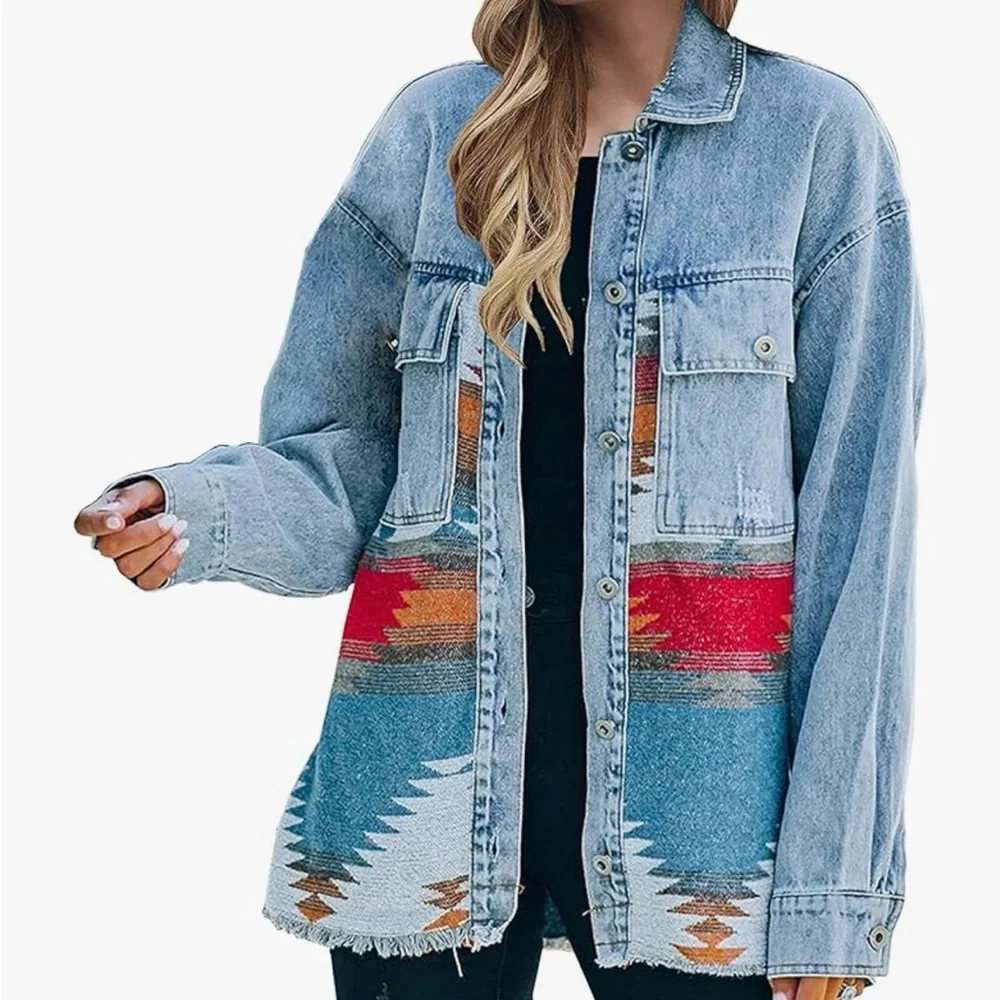 Zaful Womens Aztec Southwestern Denim Jacket Shacket Blue Red Size S New